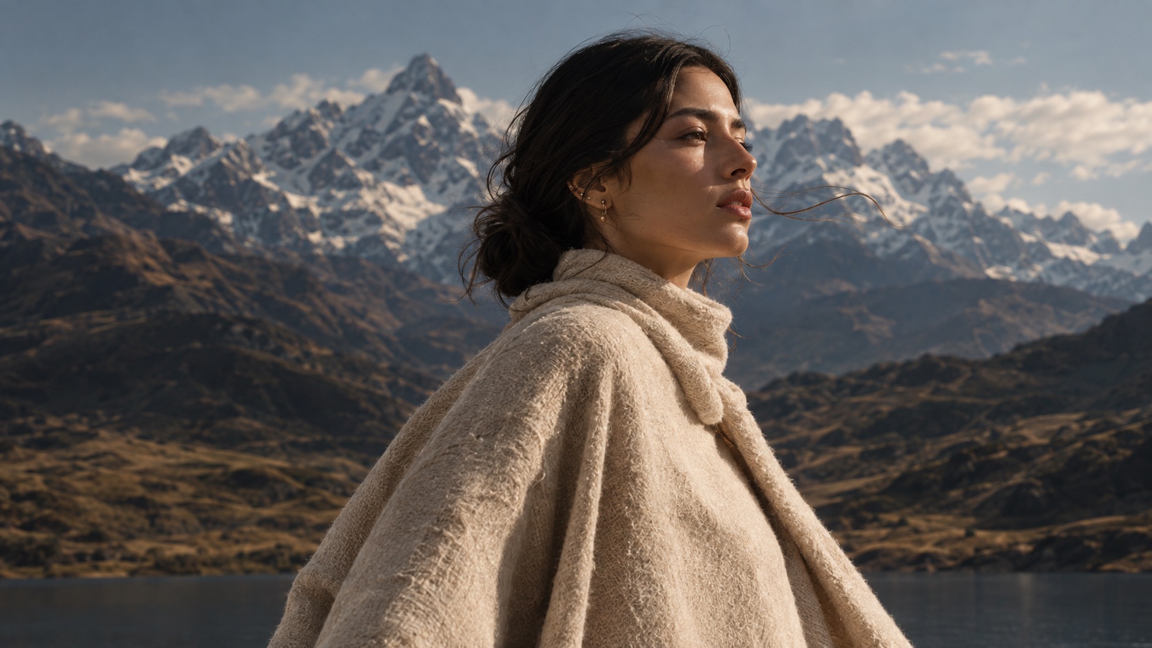 Mujer envuelta en un poncho de alpaca color hueso, frente a los Andes nevados.